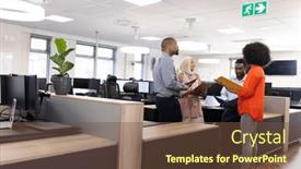  Presentation with corporation - Presentation theme having happy-diverse-female-and-male background and a tawny brown colored foreground