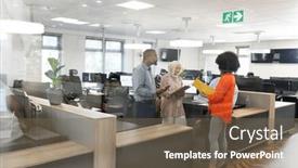  Presentation with corporation - PPT theme featuring happy-diverse-female-and-male background and a violet colored foreground