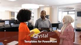  Presentation with corporation - Presentation theme consisting of happy-diverse-female-and-male background and a tawny brown colored foreground