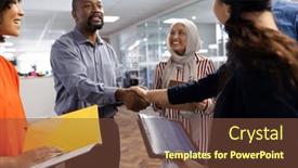  Presentation with corporation - Presentation featuring happy-diverse-female-and-male background and a tawny brown colored foreground