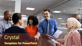  Presentation with corporation - Presentation design enhanced with happy-diverse-female-and-male background and a tawny brown colored foreground