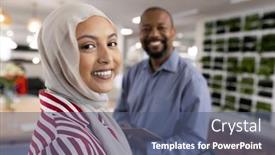  Presentation with corporation - Slide set having happy-diverse-female-and-male background and a ocean colored foreground