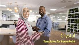  Presentation with corporation - PPT theme consisting of happy-diverse-female-and-male background and a violet colored foreground