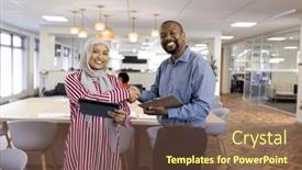  Presentation with corporation - Presentation design enhanced with happy-diverse-female-and-male background and a violet colored foreground