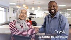  Presentation with corporation - Slide deck with happy-diverse-female-and-male background and a ocean colored foreground