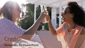  Presentation with party time - Slides with happy-diverse-female-friends-having background and a coral colored foreground