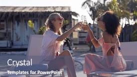  Presentation with party time - PPT theme with happy-diverse-female-friends-having background and a ocean colored foreground