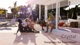  Presentation with party time - PPT theme with happy-diverse-friends-having-party background and a coral colored foreground