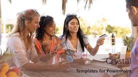  Presentation with beach party - Presentation design with happy-diverse-friends-having-party background and a coral colored foreground