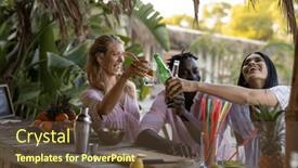  Presentation with beach party - Presentation design featuring happy-diverse-friends-having-party background and a tawny brown colored foreground