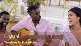  Presentation with party time - PPT layouts featuring happy-diverse-friends-having-party background and a tawny brown colored foreground