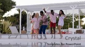  Presentation with party time - Slide deck featuring happy-diverse-friends-having-party background and a light gray colored foreground