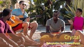  Presentation with friendship - PPT theme having happy-diverse-friends-playing-guitar background and a tawny brown colored foreground