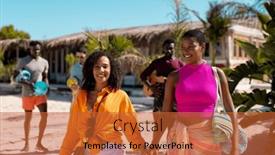  Presentation with friendship - Slide set featuring happy-diverse-friends-walking background and a red colored foreground