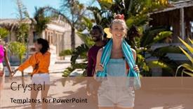  Presentation with friendship - PPT theme featuring happy-diverse-friends-walking background and a coral colored foreground