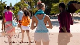  Presentation with happy holiday - PPT layouts having happy-diverse-friends-walking background and a coral colored foreground