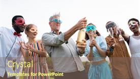  Presentation with friendship day - PPT theme enhanced with happy-diverse-friends-with-bottle background and a violet colored foreground