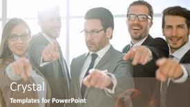  Presentation with group - Colorful slide set enhanced with happy-diverse-group-of-executives backdrop and a  colored foreground