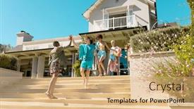  Presentation with party time - PPT theme consisting of happy-diverse-group-of-friends background and a coral colored foreground