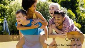  Presentation with summer party - Presentation theme with happy-diverse-group-of-friends background and a yellow colored foreground