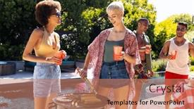  Presentation with party time - Slide deck having happy-diverse-group-of-friends background and a coral colored foreground