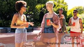  Presentation with party time - Slide deck consisting of happy-diverse-group-of-friends background and a coral colored foreground