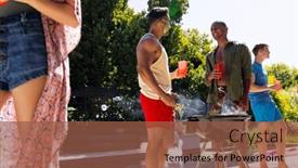  Presentation with party time - Presentation theme consisting of happy-diverse-group-of-friends background and a tawny brown colored foreground