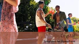  Presentation with party time - Presentation theme consisting of happy-diverse-group-of-friends background and a tawny brown colored foreground