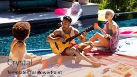  Presentation with summer party - Presentation enhanced with happy-diverse-group-of-friends background and a coral colored foreground