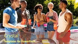  Presentation with summer party - Presentation theme having happy-diverse-group-of-friends background and a tawny brown colored foreground