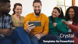  Presentation with happy life - Presentation theme having happy-diverse-male-and-female and a navy blue colored foreground