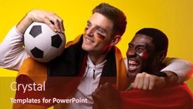  Presentation with active lifestyle - Presentation design with happy-diverse-male-football-supporters background and a tawny brown colored foreground