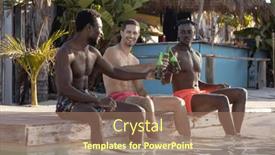  Presentation with party time - Slide set with happy-diverse-male-friends-having background and a coral colored foreground