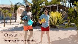  Presentation with happy holiday - PPT theme with happy-diverse-male-friends-walking background and a coral colored foreground