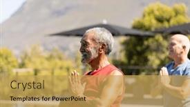  Presentation with retirement garden - Slides having happy-diverse-male-senior-friends background and a  colored foreground