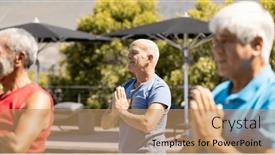  Presentation with retirement garden - Presentation enhanced with happy-diverse-male-senior-friends background and a  colored foreground