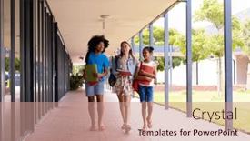  Presentation with walking together - Presentation with happy-diverse-schoolchildren-walking-together background and a  colored foreground