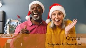  Presentation with retirement celebration - PPT theme having happy-diverse-senior-couple background and a gold colored foreground