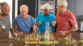  Presentation with health wellbeing - PPT layouts consisting of happy-diverse-senior-friends-discussing background and a tawny brown colored foreground