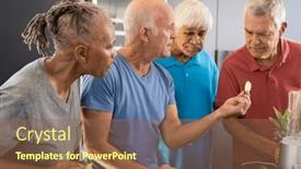  Presentation with health wellbeing - Presentation having happy-diverse-senior-friends-discussing background and a tawny brown colored foreground