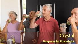  Presentation with health wellbeing - Theme consisting of happy-diverse-senior-friends-drinking background and a tawny brown colored foreground