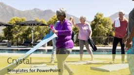  Presentation with retirement garden - Presentation theme with happy-diverse-senior-friends-holding background and a yellow colored foreground