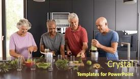  Presentation with health wellbeing - Slide set featuring happy-diverse-senior-friends-talking background and a tawny brown colored foreground