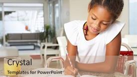  Presentation with homework - Presentation with happy do - girl doing homework in kitchen background and a coral colored foreground