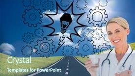  Presentation with happy image - Cool new theme with happy doctor holding out pills backdrop and a ocean colored foreground