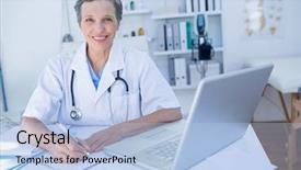  Presentation with medical clipboard - Beautiful presentation design featuring happy doctor looking at camera and writing on clipboard in medical office backdrop and a light blue colored foreground