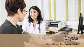  Presentation with blood - Presentation consisting of happy doctor looking at patient while examining her blood pressu background and a coral colored foreground