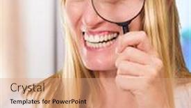  Presentation with looking glass - Theme featuring happy doctor looking through magnifying glass against an abstract background background and a coral colored foreground