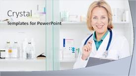  Presentation with pharmacist - Cool new theme with happy doctor or pharmacist with clipboard and pen looking at camera backdrop and a sky blue colored foreground