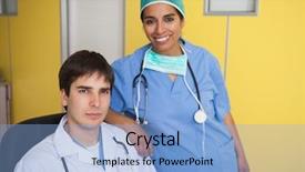  Presentation with standing sitting - Amazing slide deck having happy doctor sitting in leather chair with nurse standing in yellow office backdrop and a light blue colored foreground